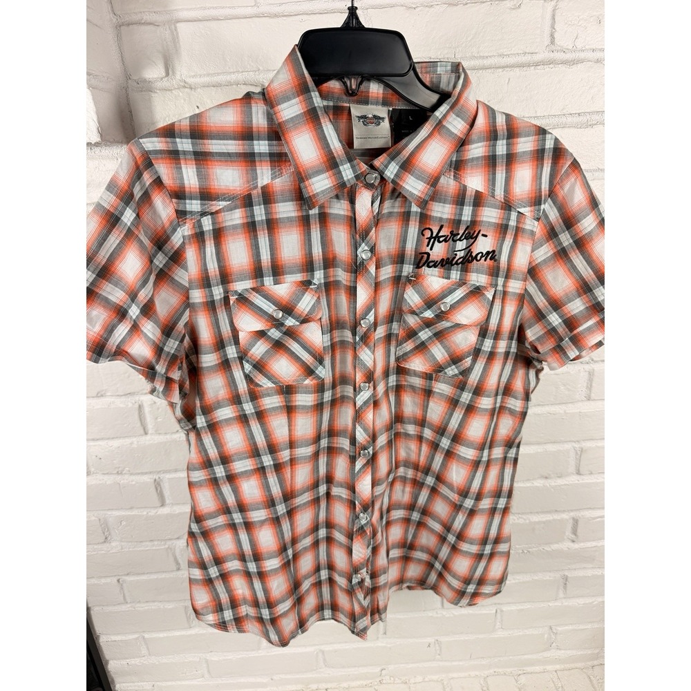 Harley Davidson Womens L Plaid Pearl Snap Shirt Embroidered Biker Western